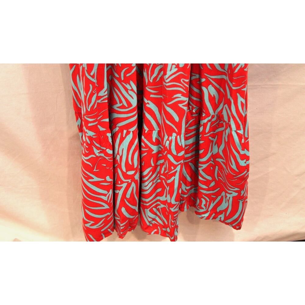 Womens Rayon Maxi Dress size M Red Blue Lined Geometric Smocked Back Boho Chic - Picture 9 of 11